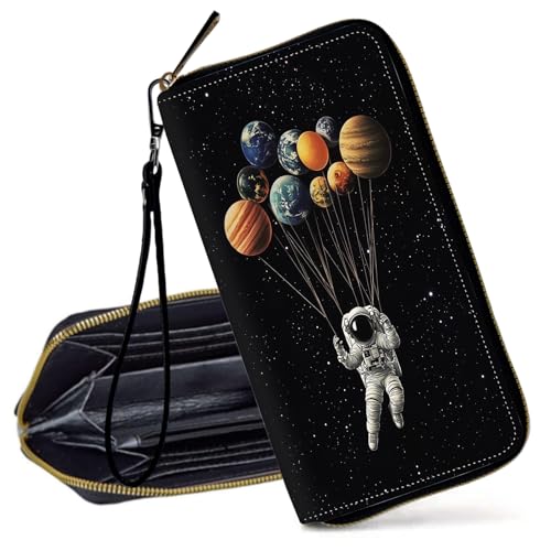 Decahouy RFID-blockierende Geldbörse für Frauen – schlanke PU-Leder-Reißverschluss-Clutch, niedliche Kreditkartenetui mit Handgelenkschlaufe für Damen, Astronaut schwebt im Weltraum von Decahouy