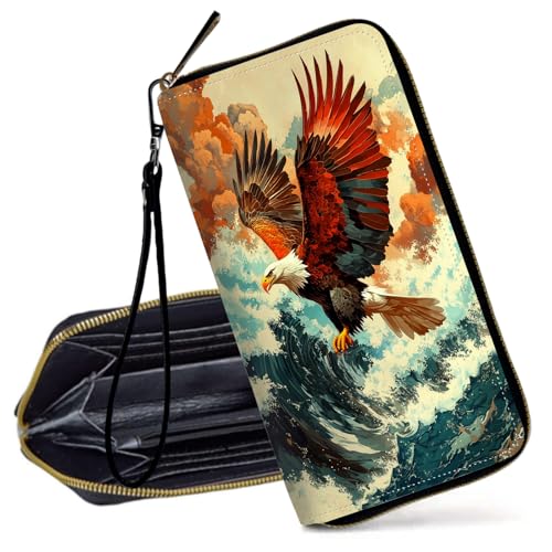 Decahouy RFID-blockierende Geldbörse für Frauen – schlanke PU-Leder-Reißverschluss-Clutch, niedliche Kreditkartenetui mit Handgelenkschlaufe für Damen, Aufsteigender Adler von Decahouy