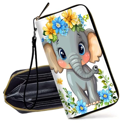Decahouy RFID-blockierende Geldbörse für Frauen – schlanke PU-Leder-Reißverschluss-Clutch, niedliche Kreditkartenetui mit Handgelenkschlaufe für Damen, Baby-Elefant mit Flügeln von Decahouy