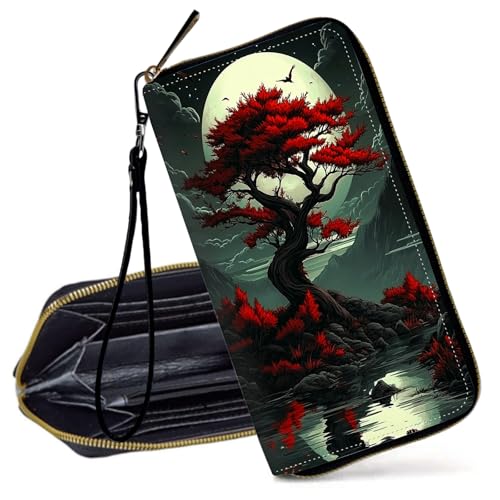 Decahouy RFID-blockierende Geldbörse für Frauen – schlanke PU-Leder-Reißverschluss-Clutch, niedliche Kreditkartenetui mit Handgelenkschlaufe für Damen, Baumstämme in Waldtarnung von Decahouy