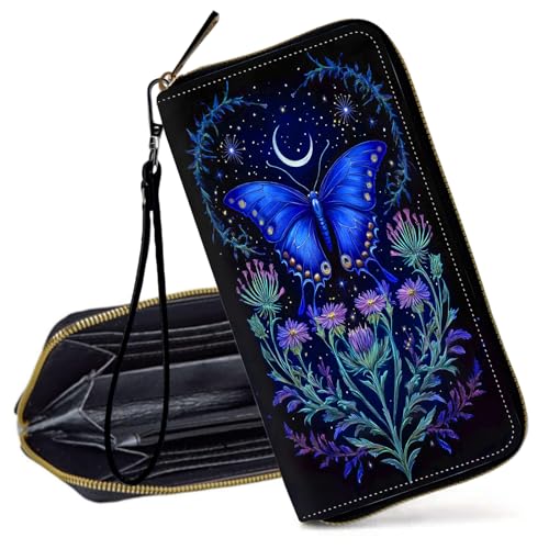 Decahouy RFID-blockierende Geldbörse für Frauen – schlanke PU-Leder-Reißverschluss-Clutch, niedliche Kreditkartenetui mit Handgelenkschlaufe für Damen, Blauer Schmetterling und Blumen von Decahouy