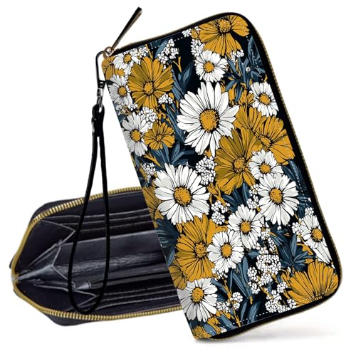 Decahouy RFID-blockierende Geldbörse für Frauen – schlanke PU-Leder-Reißverschluss-Clutch, niedliche Kreditkartenetui mit Handgelenkschlaufe für Damen, Blauer Senf und Wildblumen von Decahouy