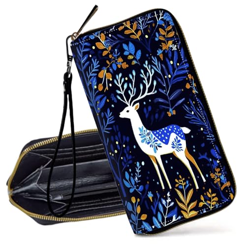 Decahouy RFID-blockierende Geldbörse für Frauen – schlanke PU-Leder-Reißverschluss-Clutch, niedliche Kreditkartenetui mit Handgelenkschlaufe für Damen, Blauer Wald und weißer Hirsch von Decahouy