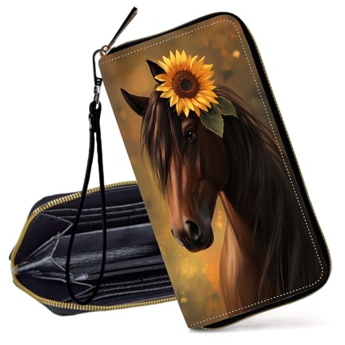 Decahouy RFID-blockierende Geldbörse für Frauen – schlanke PU-Leder-Reißverschluss-Clutch, niedliche Kreditkartenetui mit Handgelenkschlaufe für Damen, Braunes Pferd trägt eine Sonnenblume von Decahouy