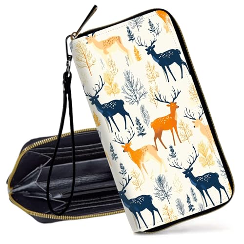 Decahouy RFID-blockierende Geldbörse für Frauen – schlanke PU-Leder-Reißverschluss-Clutch, niedliche Kreditkartenetui mit Handgelenkschlaufe für Damen, Bunte Hirsche von Decahouy