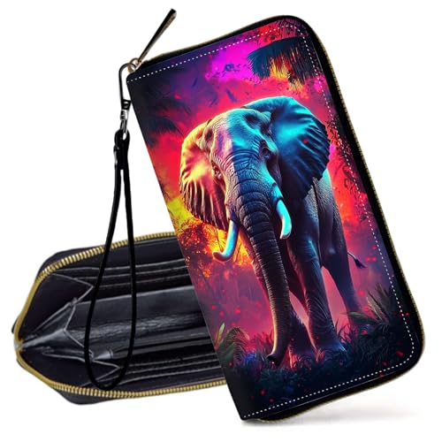Decahouy RFID-blockierende Geldbörse für Frauen – schlanke PU-Leder-Reißverschluss-Clutch, niedliche Kreditkartenetui mit Handgelenkschlaufe für Damen, Bunter Dschungel-Elefant von Decahouy