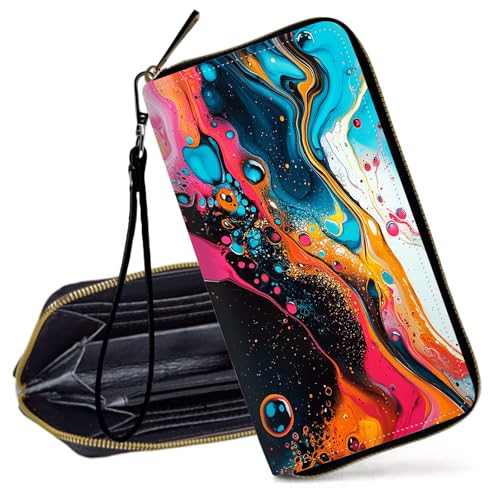 Decahouy RFID-blockierende Geldbörse für Frauen – schlanke PU-Leder-Reißverschluss-Clutch, niedliche Kreditkartenetui mit Handgelenkschlaufe für Damen, Buntes Wirbel-Design von Decahouy