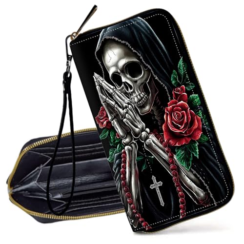 Decahouy RFID-blockierende Geldbörse für Frauen – schlanke PU-Leder-Reißverschluss-Clutch, niedliche Kreditkartenetui mit Handgelenkschlaufe für Damen, Ein Skelett mit betenden Händen von Decahouy