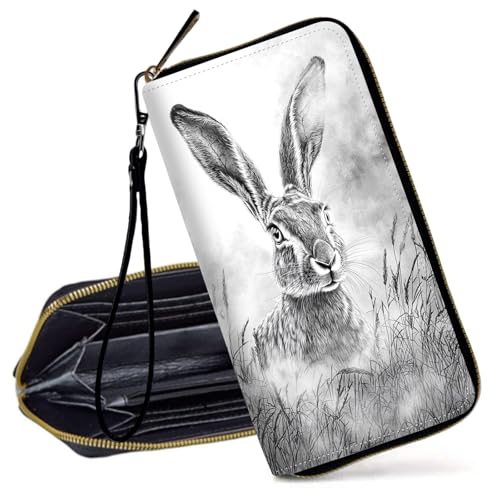 Decahouy RFID-blockierende Geldbörse für Frauen – schlanke PU-Leder-Reißverschluss-Clutch, niedliche Kreditkartenetui mit Handgelenkschlaufe für Damen, Elegante Kaninchen-Bleistiftzeichnung von Decahouy