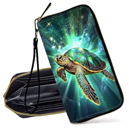 Decahouy RFID-blockierende Geldbörse für Frauen – schlanke PU-Leder-Reißverschluss-Clutch, niedliche Kreditkartenetui mit Handgelenkschlaufe für Damen, Elegante grüne Meeresschildkröte von Decahouy