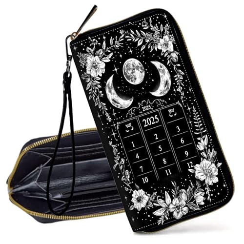 Decahouy RFID-blockierende Geldbörse für Frauen – schlanke PU-Leder-Reißverschluss-Clutch, niedliche Kreditkartenetui mit Handgelenkschlaufe für Damen, Floral Moon Kalender 2025 von Decahouy