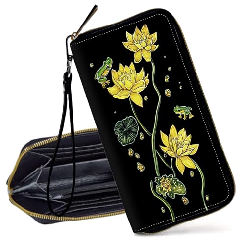 Decahouy RFID-blockierende Geldbörse für Frauen – schlanke PU-Leder-Reißverschluss-Clutch, niedliche Kreditkartenetui mit Handgelenkschlaufe für Damen, Gelbe Seerosen und Frosch von Decahouy