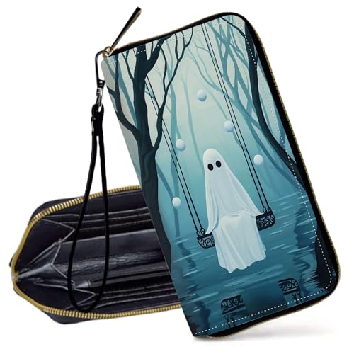 Decahouy RFID-blockierende Geldbörse für Frauen – schlanke PU-Leder-Reißverschluss-Clutch, niedliche Kreditkartenetui mit Handgelenkschlaufe für Damen, Gespenst sitzt auf der Schaukel von Decahouy
