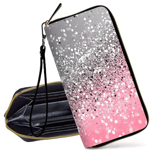 Decahouy RFID-blockierende Geldbörse für Frauen – schlanke PU-Leder-Reißverschluss-Clutch, niedliche Kreditkartenetui mit Handgelenkschlaufe für Damen, Glitzernder, rosa-silberfarbener Hintergrund von Decahouy