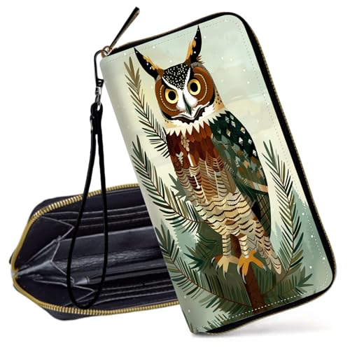 Decahouy RFID-blockierende Geldbörse für Frauen – schlanke PU-Leder-Reißverschluss-Clutch, niedliche Kreditkartenetui mit Handgelenkschlaufe für Damen, Große gehörnte Eule von Decahouy