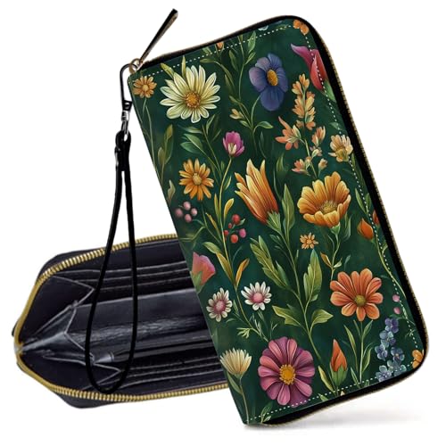 Decahouy RFID-blockierende Geldbörse für Frauen – schlanke PU-Leder-Reißverschluss-Clutch, niedliche Kreditkartenetui mit Handgelenkschlaufe für Damen, Grüne, bunte Wildblumen von Decahouy