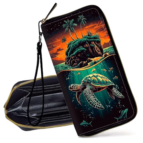 Decahouy RFID-blockierende Geldbörse für Frauen – schlanke PU-Leder-Reißverschluss-Clutch, niedliche Kreditkartenetui mit Handgelenkschlaufe für Damen, Grüne Meeresschildkröte und Insel von Decahouy