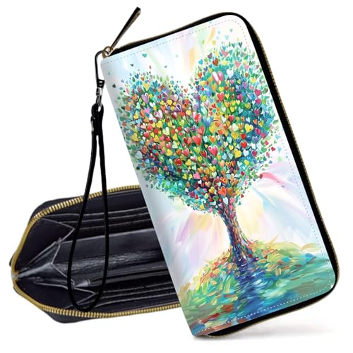 Decahouy RFID-blockierende Geldbörse für Frauen – schlanke PU-Leder-Reißverschluss-Clutch, niedliche Kreditkartenetui mit Handgelenkschlaufe für Damen, Herzförmiger Baum und Blätter von Decahouy