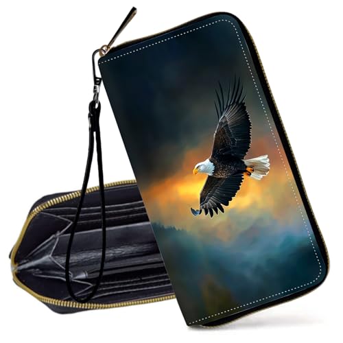 Decahouy RFID-blockierende Geldbörse für Frauen – schlanke PU-Leder-Reißverschluss-Clutch, niedliche Kreditkartenetui mit Handgelenkschlaufe für Damen, Hochfliegender Weißkopfseeadler von Decahouy