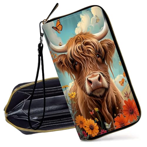 Decahouy RFID-blockierende Geldbörse für Frauen – schlanke PU-Leder-Reißverschluss-Clutch, niedliche Kreditkartenetui mit Handgelenkschlaufe für Damen, Hochlandkuh und Blumen von Decahouy