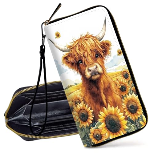 Decahouy RFID-blockierende Geldbörse für Frauen – schlanke PU-Leder-Reißverschluss-Clutch, niedliche Kreditkartenetui mit Handgelenkschlaufe für Damen, Hochlandkuh und Wildgänseblümchen von Decahouy