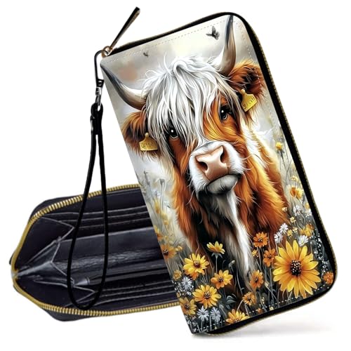 Decahouy RFID-blockierende Geldbörse für Frauen – schlanke PU-Leder-Reißverschluss-Clutch, niedliche Kreditkartenetui mit Handgelenkschlaufe für Damen, Hochlandrind und Wildblumen von Decahouy