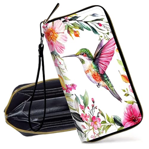 Decahouy RFID-blockierende Geldbörse für Frauen – schlanke PU-Leder-Reißverschluss-Clutch, niedliche Kreditkartenetui mit Handgelenkschlaufe für Damen, Kolibri und Wasserlotu von Decahouy