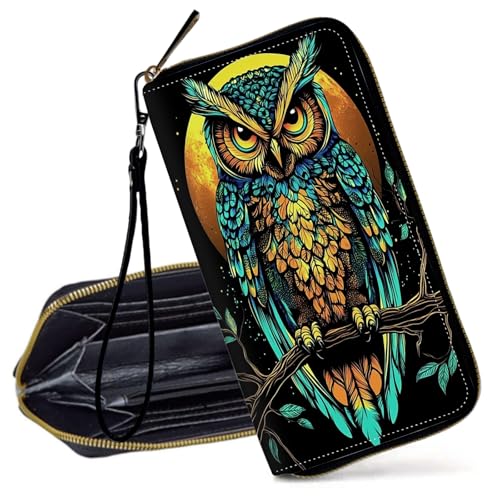 Decahouy RFID-blockierende Geldbörse für Frauen – schlanke PU-Leder-Reißverschluss-Clutch, niedliche Kreditkartenetui mit Handgelenkschlaufe für Damen, Lebendige Eule von Decahouy