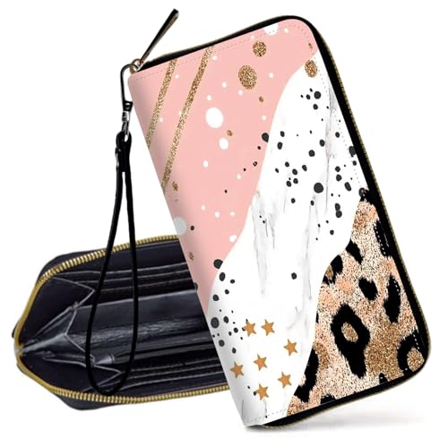 Decahouy RFID-blockierende Geldbörse für Frauen – schlanke PU-Leder-Reißverschluss-Clutch, niedliche Kreditkartenetui mit Handgelenkschlaufe für Damen, Leopardenmuster mit goldfarbenem Rand von Decahouy