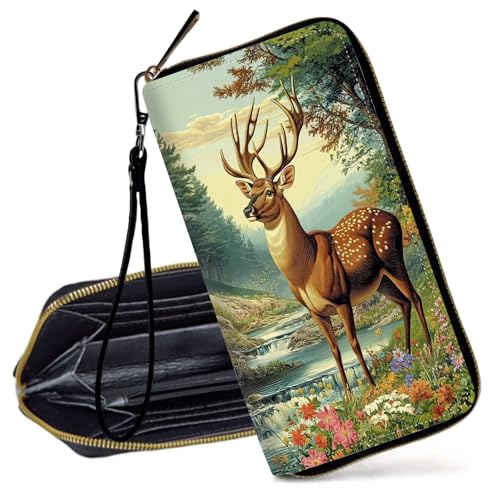 Decahouy RFID-blockierende Geldbörse für Frauen – schlanke PU-Leder-Reißverschluss-Clutch, niedliche Kreditkartenetui mit Handgelenkschlaufe für Damen, Majestätischer Dinosaurier und Mond von Decahouy