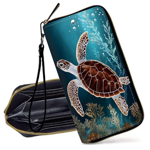 Decahouy RFID-blockierende Geldbörse für Frauen – schlanke PU-Leder-Reißverschluss-Clutch, niedliche Kreditkartenetui mit Handgelenkschlaufe für Damen, Meeresschildkröte und Wasserkraut von Decahouy