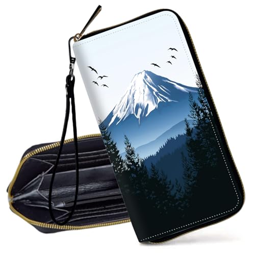 Decahouy RFID-blockierende Geldbörse für Frauen – schlanke PU-Leder-Reißverschluss-Clutch, niedliche Kreditkartenetui mit Handgelenkschlaufe für Damen, Mount Fuji mit Schneebedeckung von Decahouy
