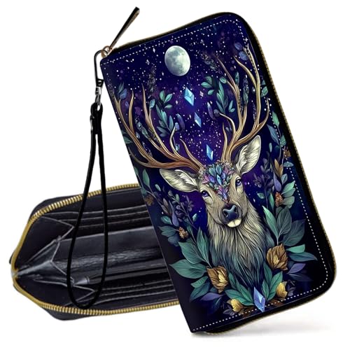 Decahouy RFID-blockierende Geldbörse für Frauen – schlanke PU-Leder-Reißverschluss-Clutch, niedliche Kreditkartenetui mit Handgelenkschlaufe für Damen, Mystische Hirsche und Blätter von Decahouy