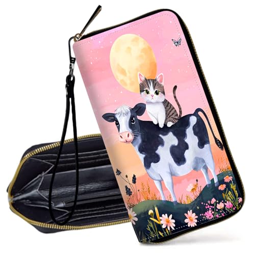 Decahouy RFID-blockierende Geldbörse für Frauen – schlanke PU-Leder-Reißverschluss-Clutch, niedliche Kreditkartenetui mit Handgelenkschlaufe für Damen, Niedliche Katze, Kuh und rosa Himmel von Decahouy