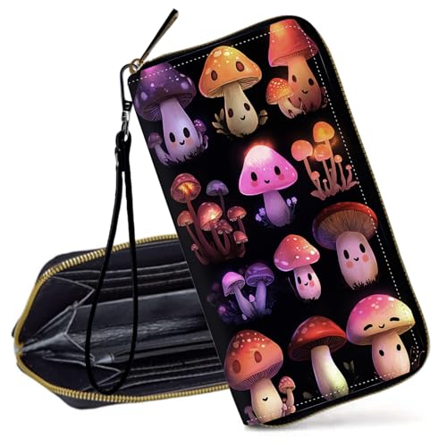 Decahouy RFID-blockierende Geldbörse für Frauen – schlanke PU-Leder-Reißverschluss-Clutch, niedliche Kreditkartenetui mit Handgelenkschlaufe für Damen, Niedliche Kawaii-Pilze von Decahouy