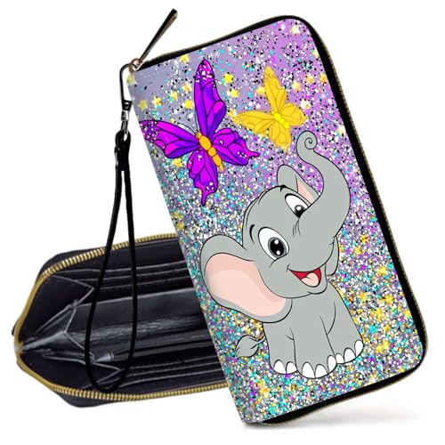 Decahouy RFID-blockierende Geldbörse für Frauen – schlanke PU-Leder-Reißverschluss-Clutch, niedliche Kreditkartenetui mit Handgelenkschlaufe für Damen, Niedlicher Cartoon-Elefant, glitzernd von Decahouy