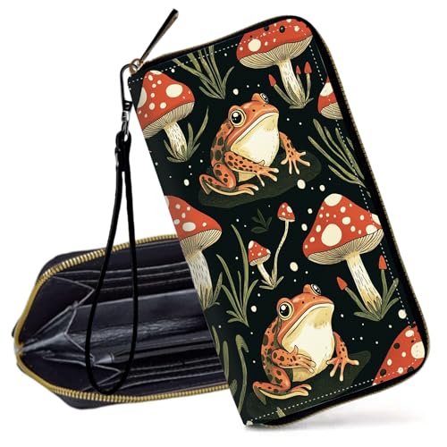 Decahouy RFID-blockierende Geldbörse für Frauen – schlanke PU-Leder-Reißverschluss-Clutch, niedliche Kreditkartenetui mit Handgelenkschlaufe für Damen, Niedlicher grüner Frosch und Pilz von Decahouy