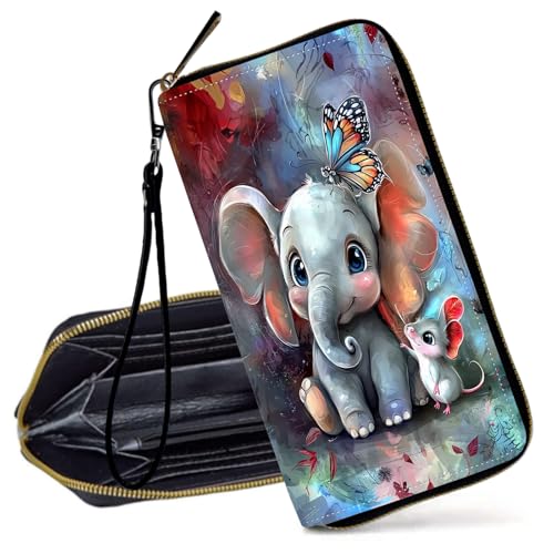 Decahouy RFID-blockierende Geldbörse für Frauen – schlanke PU-Leder-Reißverschluss-Clutch, niedliche Kreditkartenetui mit Handgelenkschlaufe für Damen, Niedliches Regenbogen-Kaninchen von Decahouy