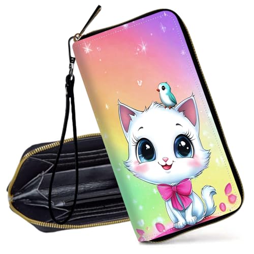 Decahouy RFID-blockierende Geldbörse für Frauen – schlanke PU-Leder-Reißverschluss-Clutch, niedliche Kreditkartenetui mit Handgelenkschlaufe für Damen, Niedliches weißes Kätzchen und Vogel von Decahouy