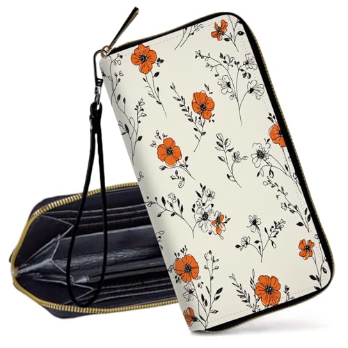 Decahouy RFID-blockierende Geldbörse für Frauen – schlanke PU-Leder-Reißverschluss-Clutch, niedliche Kreditkartenetui mit Handgelenkschlaufe für Damen, Orange Floral von Decahouy