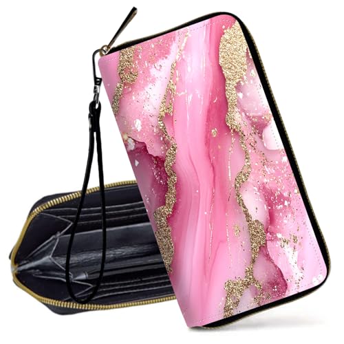 Decahouy RFID-blockierende Geldbörse für Frauen – schlanke PU-Leder-Reißverschluss-Clutch, niedliche Kreditkartenetui mit Handgelenkschlaufe für Damen, Pink Sparkling Marble von Decahouy