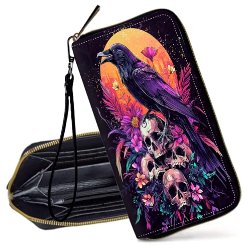 Decahouy RFID-blockierende Geldbörse für Frauen – schlanke PU-Leder-Reißverschluss-Clutch, niedliche Kreditkartenetui mit Handgelenkschlaufe für Damen, Rabe Mond und Totenköpfe von Decahouy
