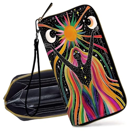 Decahouy RFID-blockierende Geldbörse für Frauen – schlanke PU-Leder-Reißverschluss-Clutch, niedliche Kreditkartenetui mit Handgelenkschlaufe für Damen, Regenbogenfarbene Haarfrau von Decahouy
