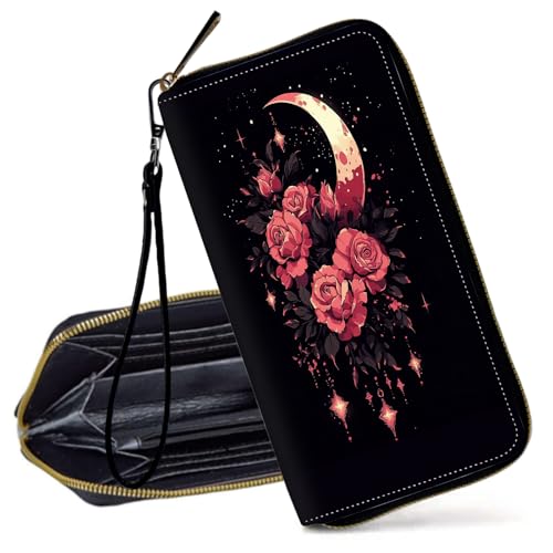 Decahouy RFID-blockierende Geldbörse für Frauen – schlanke PU-Leder-Reißverschluss-Clutch, niedliche Kreditkartenetui mit Handgelenkschlaufe für Damen, Rosa Rosen und ein Halbmond von Decahouy