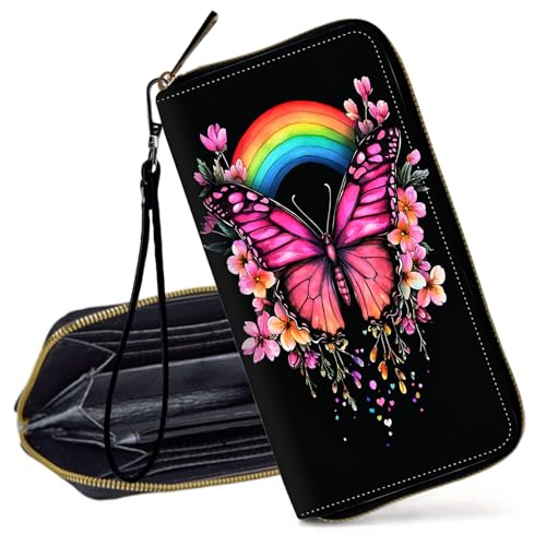 Decahouy RFID-blockierende Geldbörse für Frauen – schlanke PU-Leder-Reißverschluss-Clutch, niedliche Kreditkartenetui mit Handgelenkschlaufe für Damen, Rosa Schmetterlingsblume, Rinbow von Decahouy