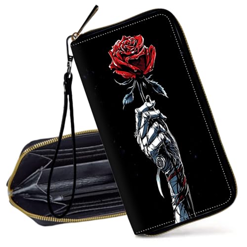 Decahouy RFID-blockierende Geldbörse für Frauen – schlanke PU-Leder-Reißverschluss-Clutch, niedliche Kreditkartenetui mit Handgelenkschlaufe für Damen, Rote Rose in einer Hand umwickelt von Decahouy