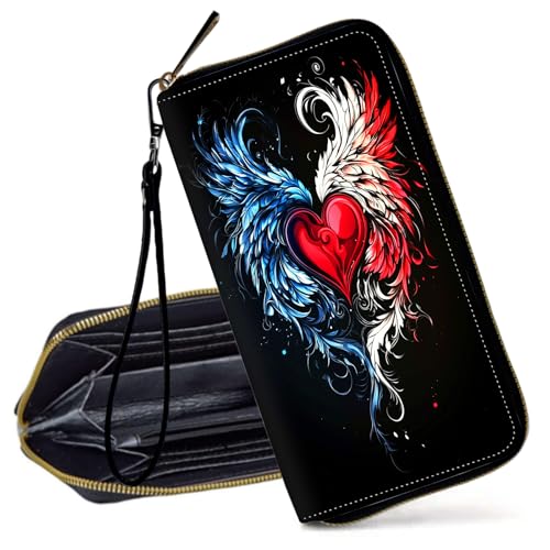 Decahouy RFID-blockierende Geldbörse für Frauen – schlanke PU-Leder-Reißverschluss-Clutch, niedliche Kreditkartenetui mit Handgelenkschlaufe für Damen, Rotes Herz Tattoo mit Flügeln von Decahouy