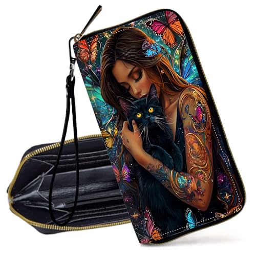 Decahouy RFID-blockierende Geldbörse für Frauen – schlanke PU-Leder-Reißverschluss-Clutch, niedliche Kreditkartenetui mit Handgelenkschlaufe für Damen, Schmetterling Mondphase, Blumen von Decahouy