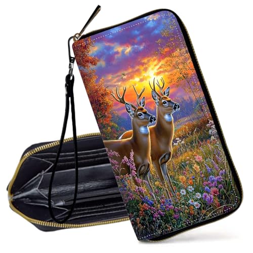 Decahouy RFID-blockierende Geldbörse für Frauen – schlanke PU-Leder-Reißverschluss-Clutch, niedliche Kreditkartenetui mit Handgelenkschlaufe für Damen, Schöne Hirsche und Wildblumen von Decahouy