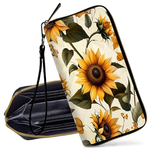 Decahouy RFID-blockierende Geldbörse für Frauen – schlanke PU-Leder-Reißverschluss-Clutch, niedliche Kreditkartenetui mit Handgelenkschlaufe für Damen, Schöne Sonnenblumen von Decahouy